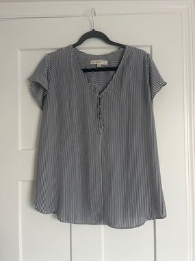 LOFT Navy and White Vertical Stripe Short Sleeve Henley Blouse